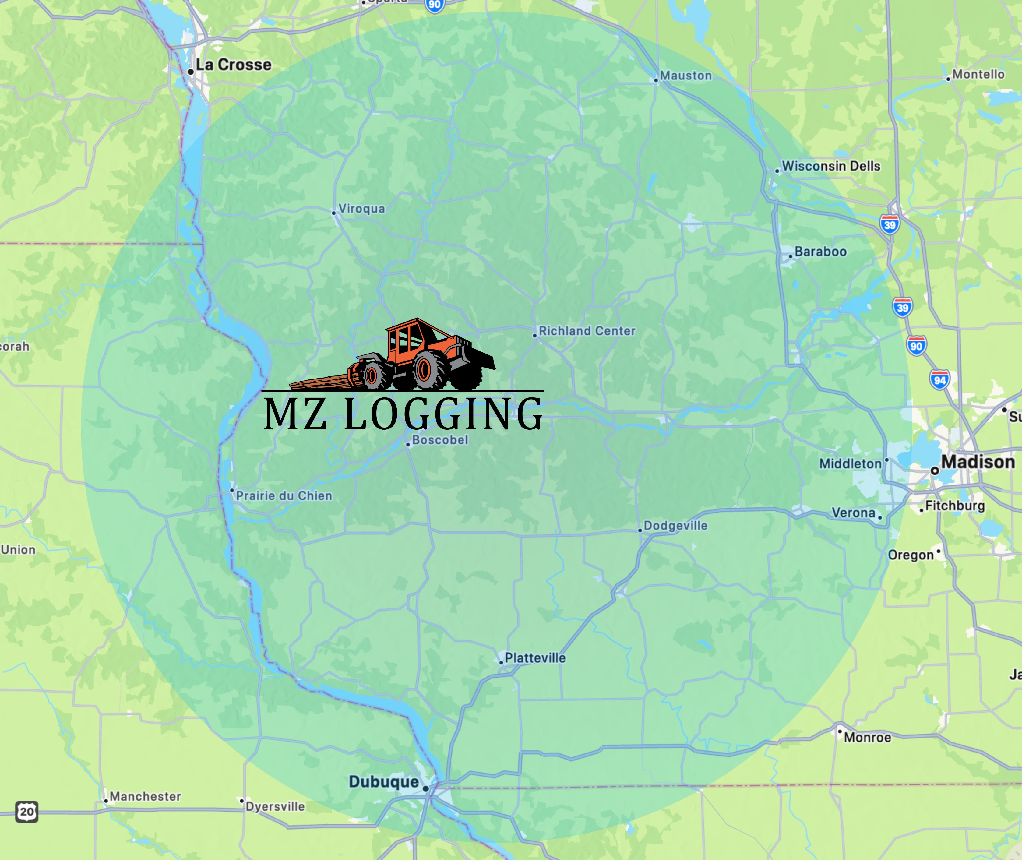 MZ Logging Service Area Map — Wisconsin and Iowa